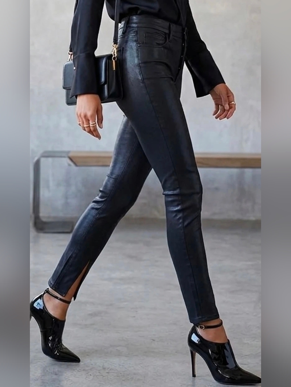 L'AGENCE Black Faux Leather Skinny Jeans with Ankle Slit